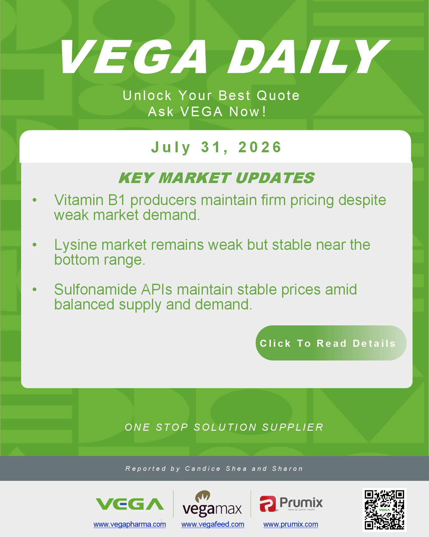 VEGA Daily 20260731 Vitamin B1 Lysine Sulfonamide APIs Update.png